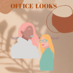 Office looks illustration – stylish women in trendy professional outfits with abstract background.