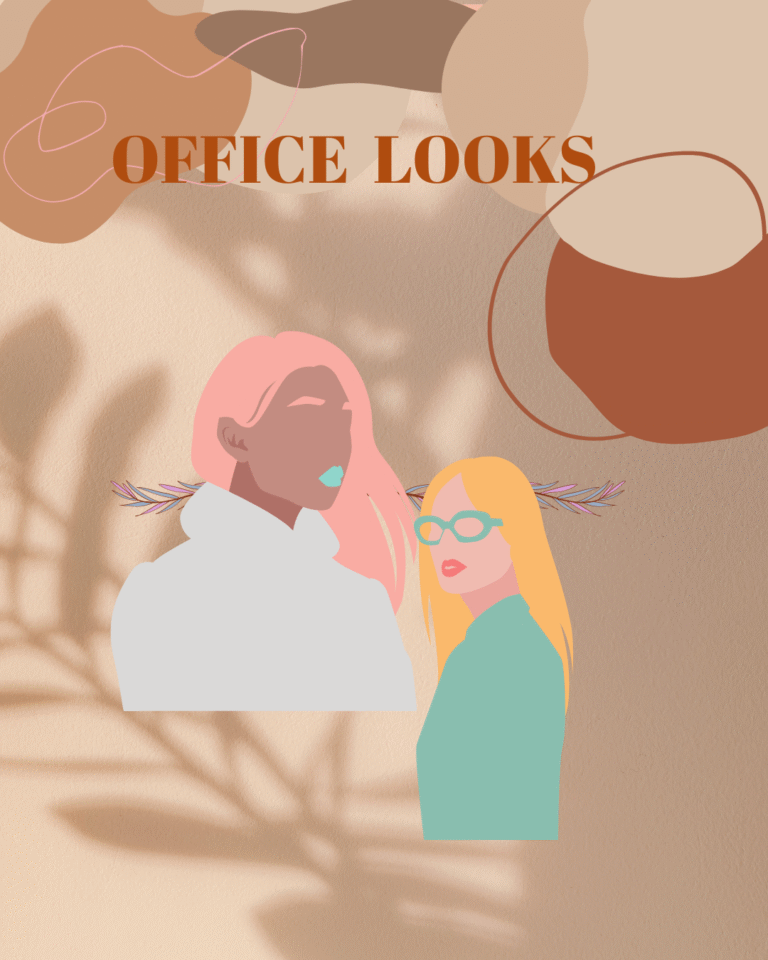 Office looks illustration – stylish women in trendy professional outfits with abstract background.